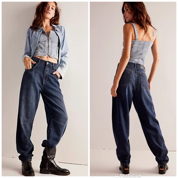 Free People Denim - WE THE FREE Augusta High Rise Slim Barrel Jeans Size 28 Distressed Dark Wash New